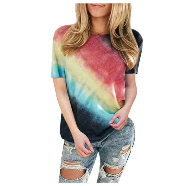Womens Summer Tops Tie-Dye Short Sleeve O-Neck Knot T-Shirt Casual Tee Tops Blouse Womens Summer Tops Tie-Dye Short Sleeve O-Neck Knot T-Shirt Casual Tee Tops Blouse